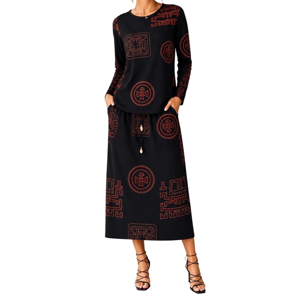 Ashro Boho Tribal Print Two-Piece Midi Skirt Set - Womens Small - India - Rayon